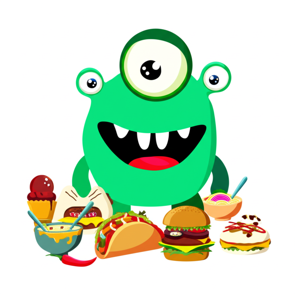 The Grubster monster surrounded by delicious street food