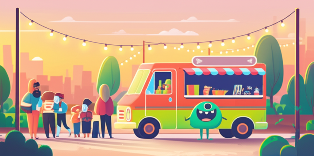 The Grubster monster happily exploring a food truck scene