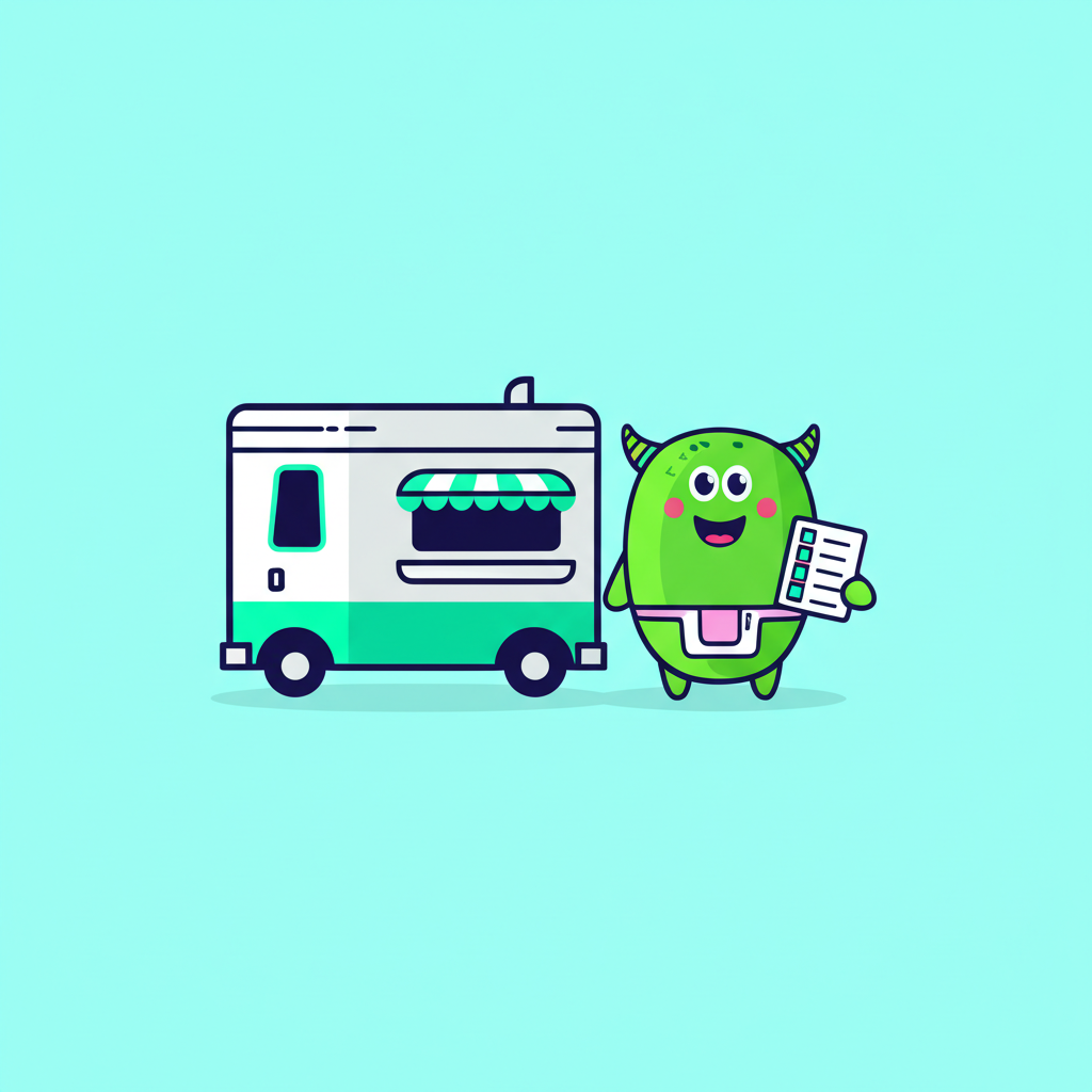 The Grubster monster wearing an apron and managing orders on a tablet